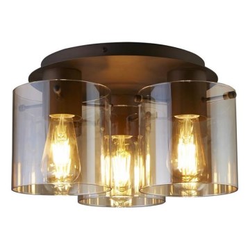 Searchlight - Lampă de tavan SWEDEN, 3 x E27, max. 60 W, 230 V, Ø 39 cm, maro/fumuriu