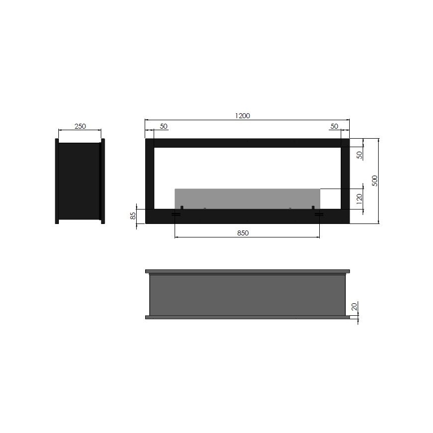 Șemineu BIO încorporat 120x50 cm 3kW bifacial InFire