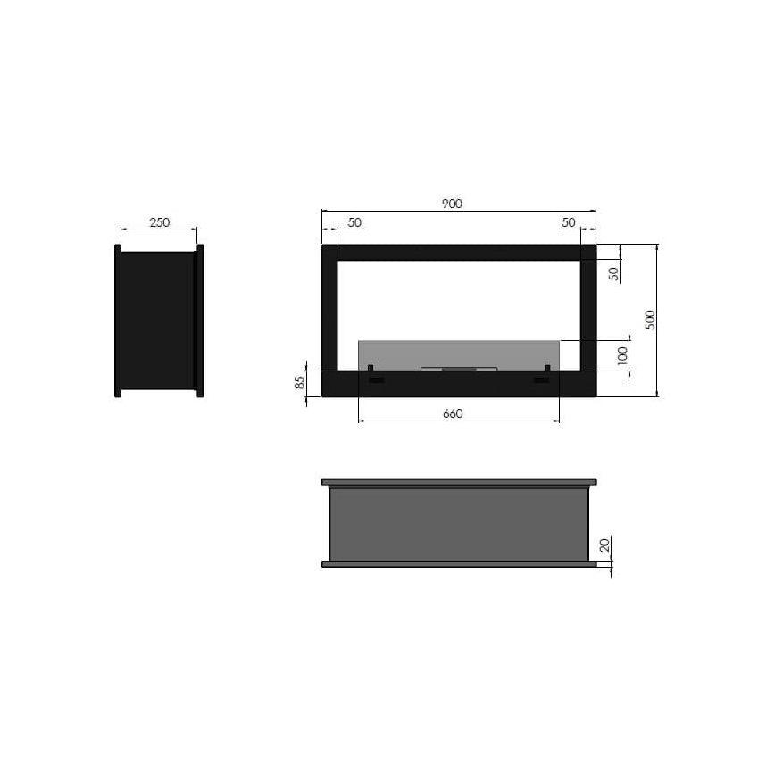 Șemineu BIO încorporat 90x50 cm 3kW bifacial InFire