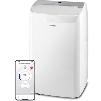 Sencor - Aparat de aer condiționat portabil inteligent 5 în 1, cu accesorii complete, 733 W/230 V, 9000 BTU, Wi‑Fi, alb + telecomandă