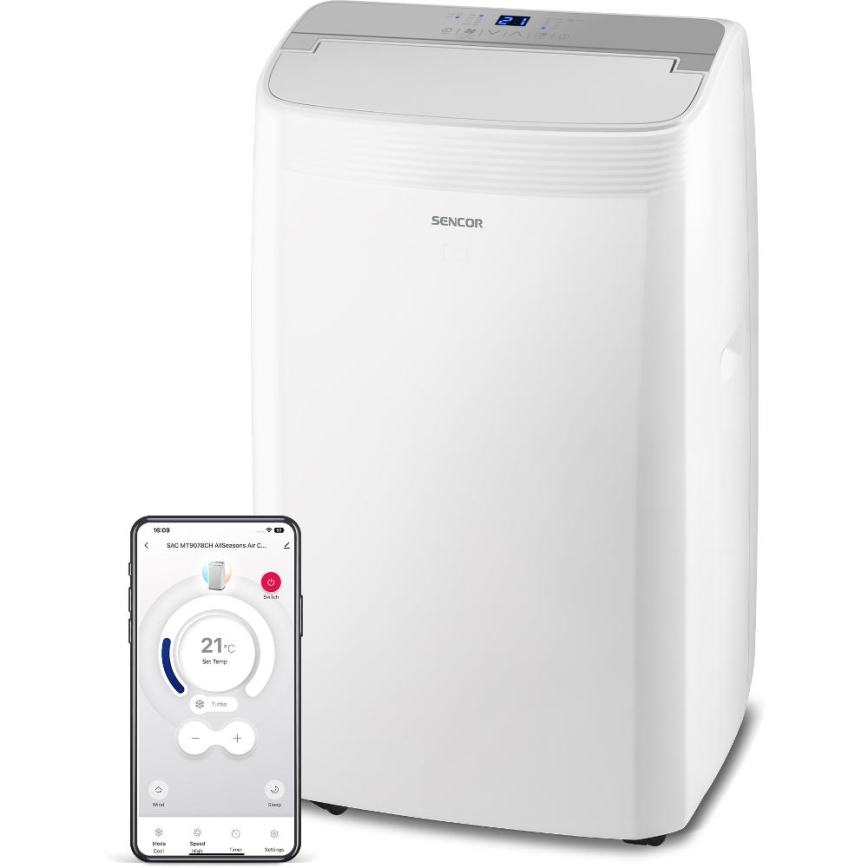 Sencor - Aparat de aer condiționat portabil inteligent 5 în 1, cu accesorii complete, 733 W/230 V, 9000 BTU, Wi‑Fi, alb + telecomandă