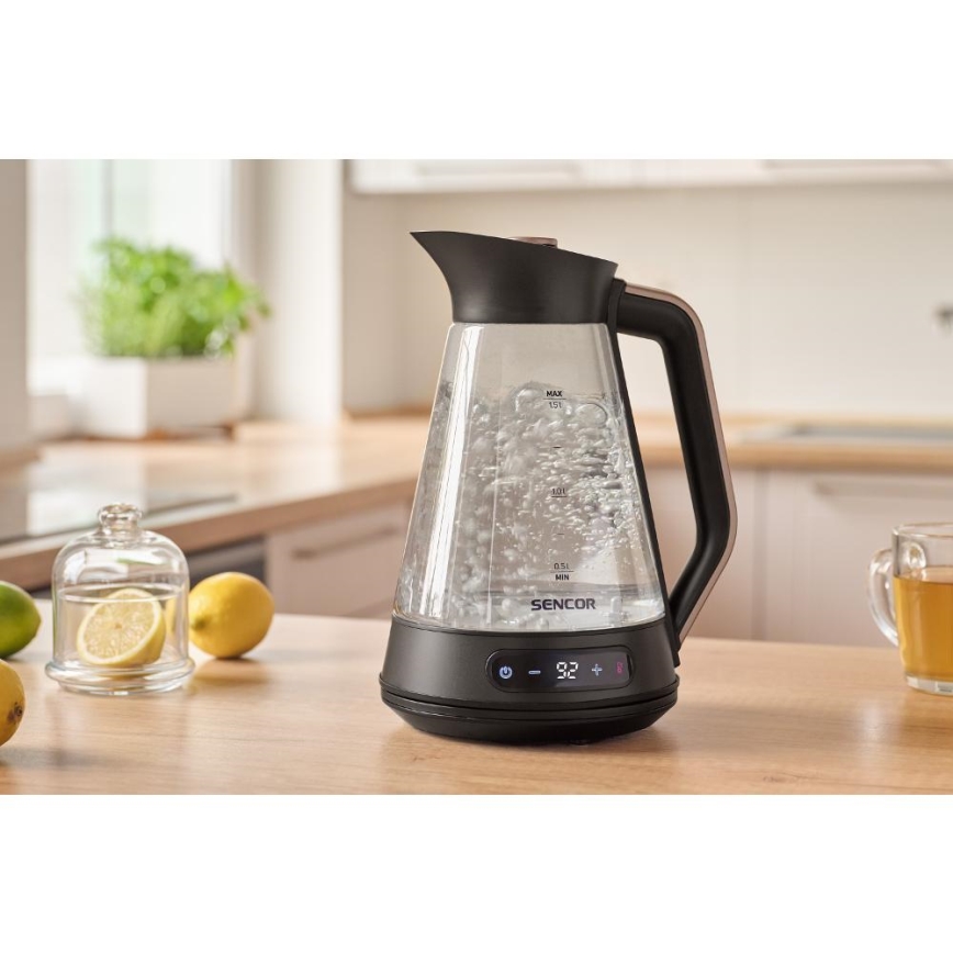 Sencor - Fierbător electric cu reglare a temperaturii, 1,5 l, 2150 W/230 V, negru/aur roz