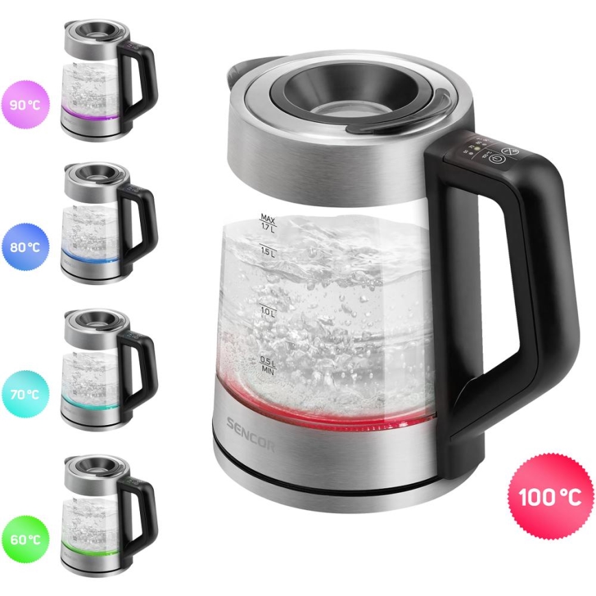 Sencor - Fierbător electric rapid cu reglaj de temperatură, 1,7 l, 2200 W / 230 V, crom mat / negru