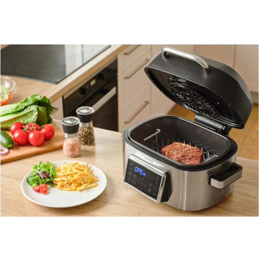 Sencor - Friteuză cu aer cald multifuncțională și grill, 1660 W/230 V, 6 l, crom mat/negru