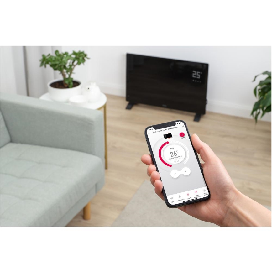 Sencor - Convector electric inteligent 2000 W / 230 V, IP24, Wi‑Fi, negru + telecomandă