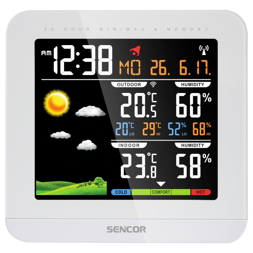 Sencor - Stație meteo cu ecran LCD color și alarmă, alimentare 3xAAA + 2xAAA, albă