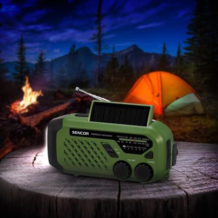 Sencor - Radio de camping cu manivelă, panou solar și lanternă LED, 5 V/2000 mAh, IPX4, verde