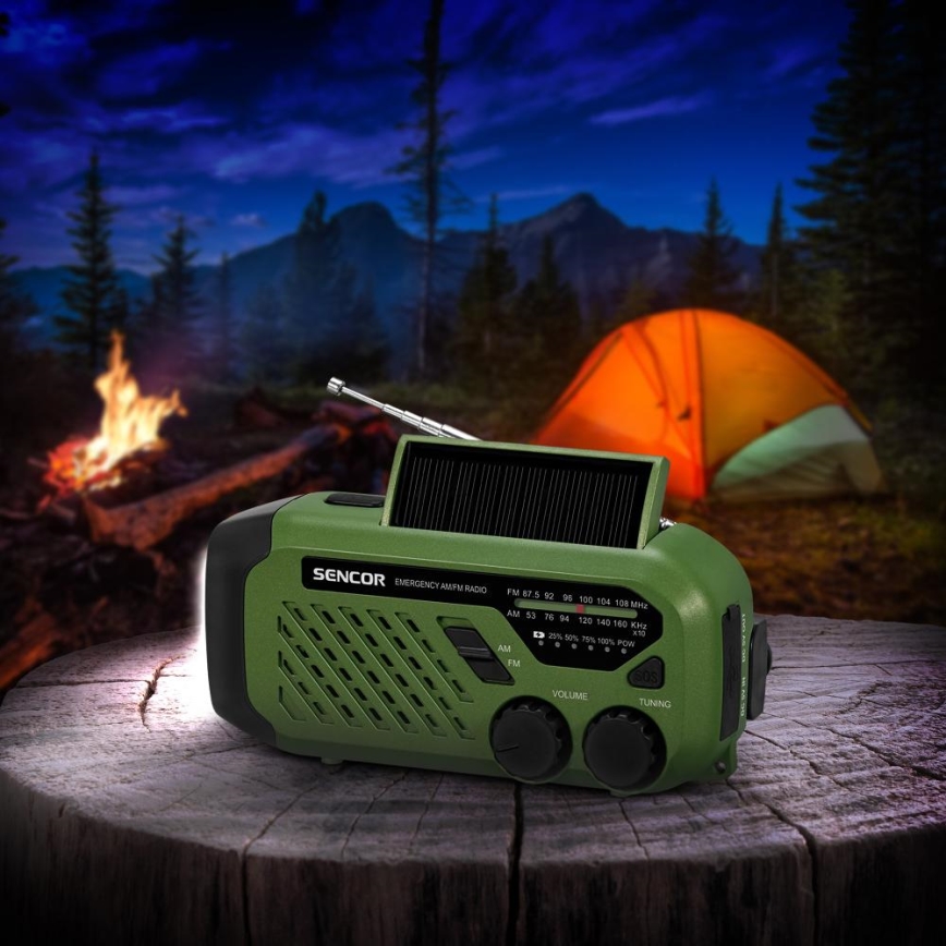 Sencor - Radio de camping cu manivelă, panou solar și lanternă LED, 5 V/2000 mAh, IPX4, verde