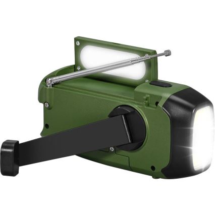 Sencor - Radio de camping cu manivelă, panou solar și lanternă LED, 5 V/2000 mAh, IPX4, verde