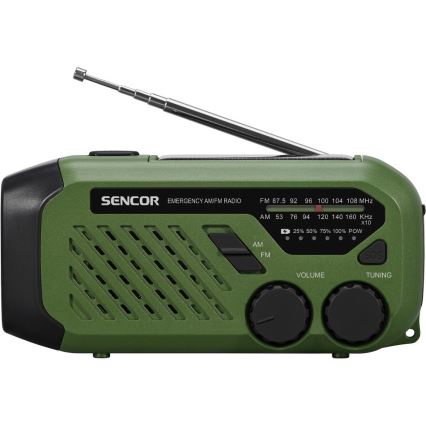 Sencor - Radio de camping cu manivelă, panou solar și lanternă LED, 5 V/2000 mAh, IPX4, verde