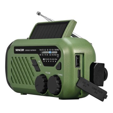 Sencor - Radio de camping cu manivelă, panou solar și lanternă LED, 5 V/2000 mAh, IPX4, verde