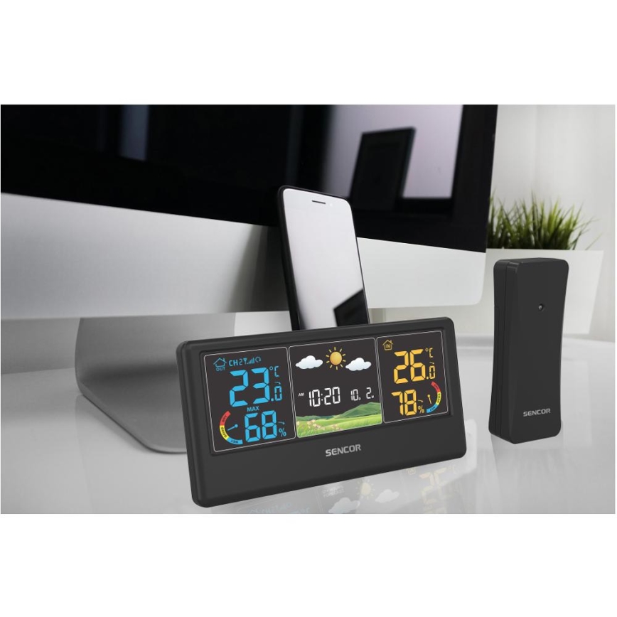 Sencor - Stație meteo cu afișaj LCD color, 3xAAA + 2xAA, negru