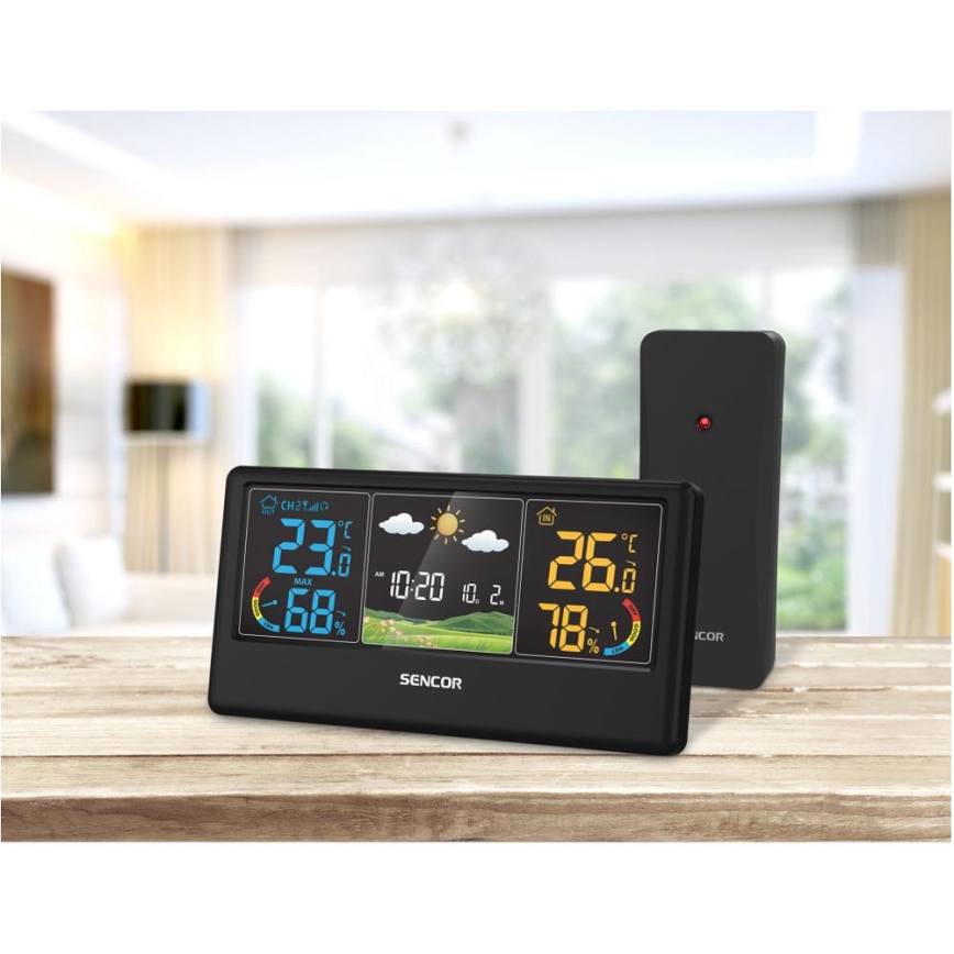 Sencor - Stație meteo cu afișaj LCD color, 3xAAA + 2xAA, negru