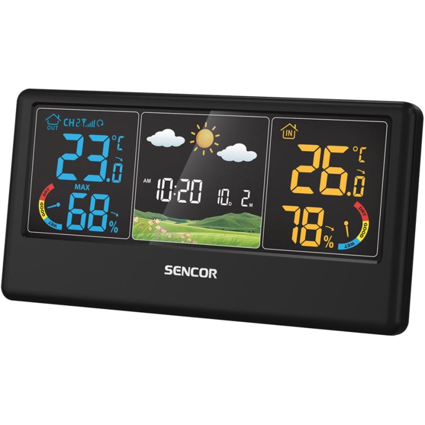 Sencor - Stație meteo cu afișaj LCD color, 3xAAA + 2xAA, negru