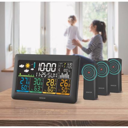Sencor - Stație meteo cu ecran LCD color, 3 senzori, 3xAA + 6xAA, negru