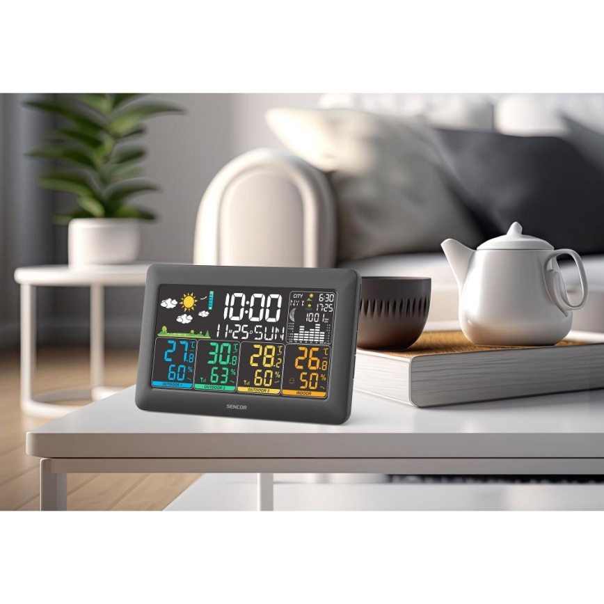 Sencor - Stație meteo cu ecran LCD color, 3 senzori, 3xAA + 6xAA, negru