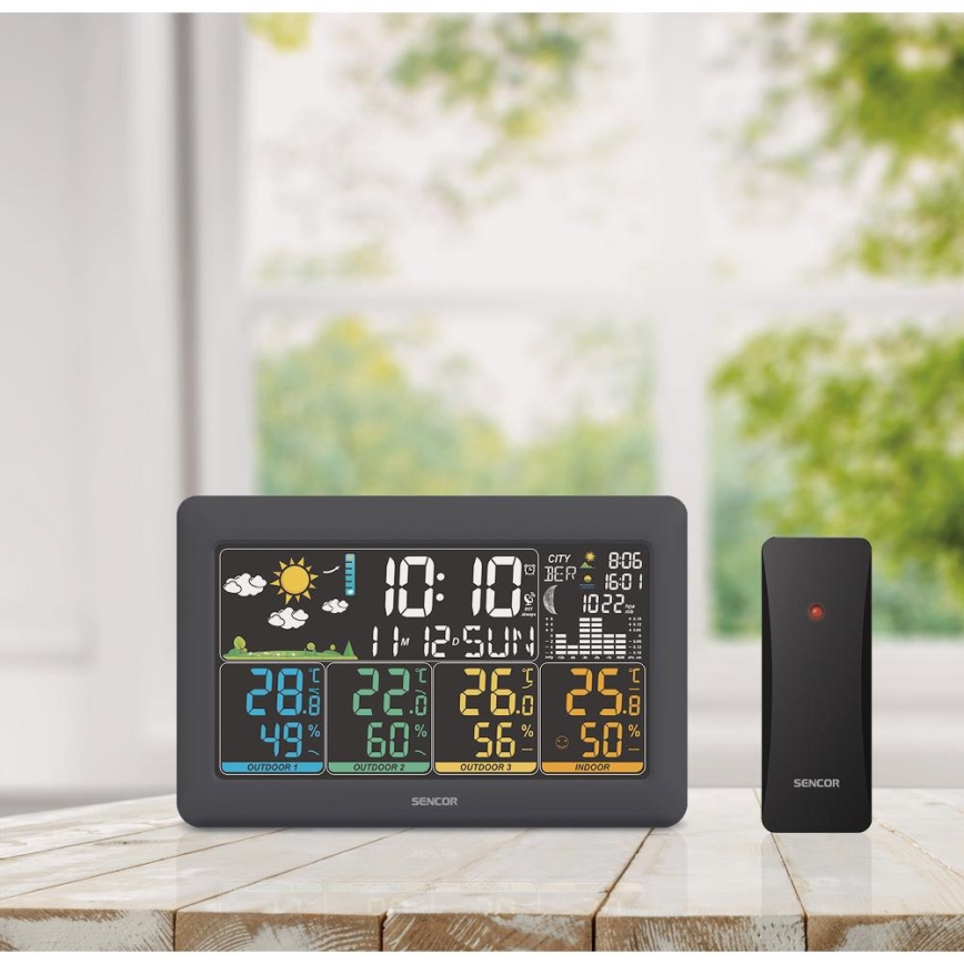 Sencor - Stație meteo cu ecran LCD color, 3 senzori, 3xAA + 6xAA, negru