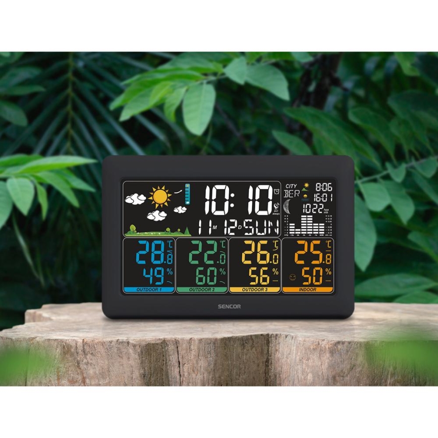 Sencor - Stație meteo cu ecran LCD color, 3 senzori, 3xAA + 6xAA, negru