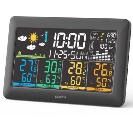 Sencor - Stație meteo cu ecran LCD color, 3 senzori, 3xAA + 6xAA, negru