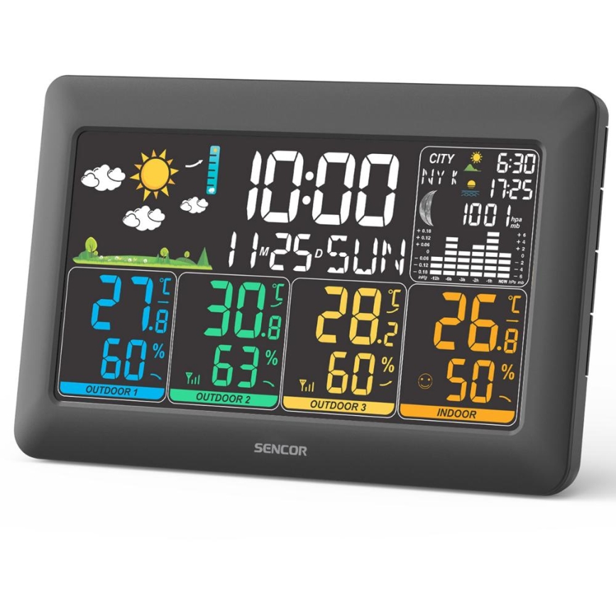 Sencor - Stație meteo cu ecran LCD color, 3 senzori, 3xAA + 6xAA, negru