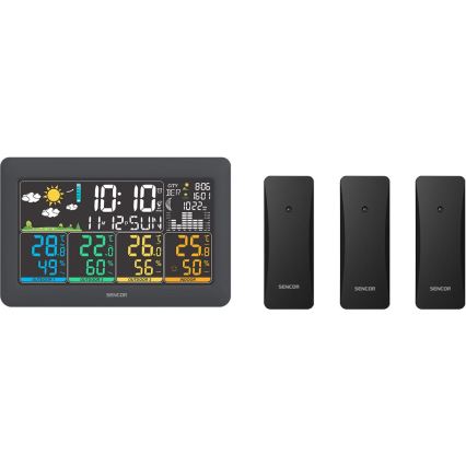 Sencor - Stație meteo cu ecran LCD color, 3 senzori, 3xAA + 6xAA, negru