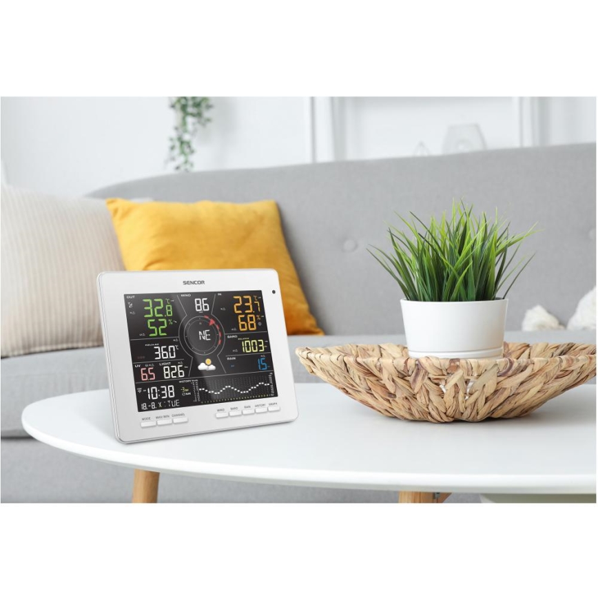 Sencor - Stație meteo profesională cu ecran LCD color, 5 V, alimentare: 1xCR2032 + 3xAA + 2xAA, Wi-Fi Tuya
