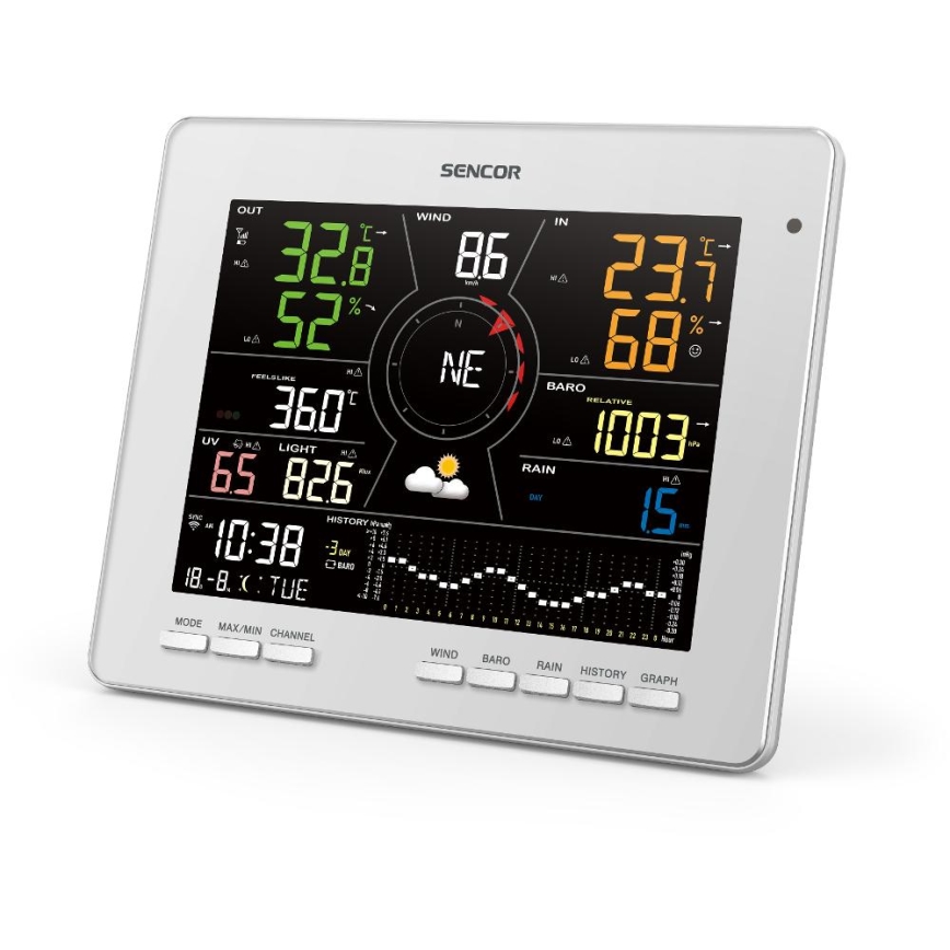 Sencor - Stație meteo profesională cu ecran LCD color, 5 V, alimentare: 1xCR2032 + 3xAA + 2xAA, Wi-Fi Tuya