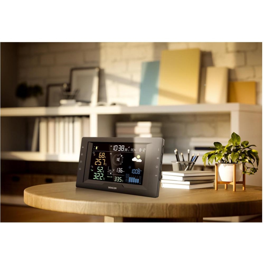 Sencor - Stație meteo profesională cu ecran LCD color și ceas deșteptător, 5V/1xCR2032 + 3xAA