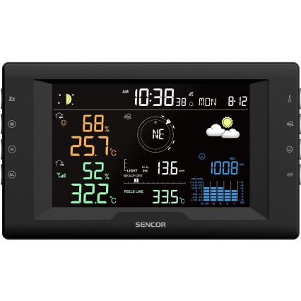 Sencor - Stație meteo profesională cu ecran LCD color și ceas deșteptător, 5V/1xCR2032 + 3xAA