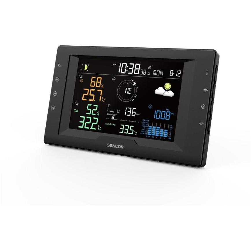 Sencor - Stație meteo profesională cu ecran LCD color și ceas deșteptător, 5V/1xCR2032 + 3xAA