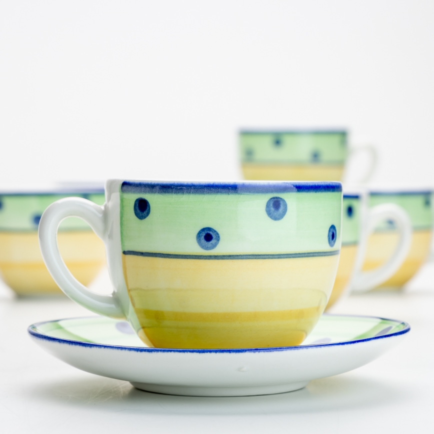 Serviciu de cafea 6x ceașcă ceramică cu farfurioară, verde galben