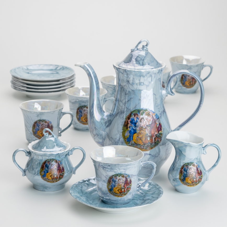 Serviciu de ceai din porțelan, marmură albastru
