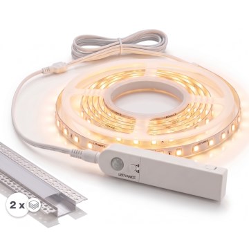 SET 1x bandă LED cu senzor de mișcare FLEX LED/3,6W/4xAA 2 m + 2x profil încastrat 1 m argintiu/alb