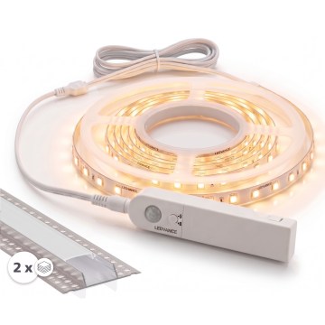 SET 1x bandă LED cu senzor de mișcare FLEX LED/3,6W/4xAA 2 m + 2x profil încastrat 1 m argintiu/alb