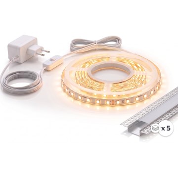 SET 1x bandă LED MYLIVING LIGHTSTRIP LED/22W/230V 5 m + 5x profil încastrat 1 m argintiu/alb