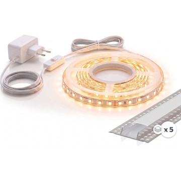 SET 1x bandă LED MYLIVING LIGHTSTRIP LED/22W/230V 5 m + 5x profil încastrat 1 m argintiu/alb