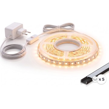 SET 1x bandă LED MYLIVING LIGHTSTRIP LED/22W/230V 5 m + 5x profil încastrat 1 m negru/alb