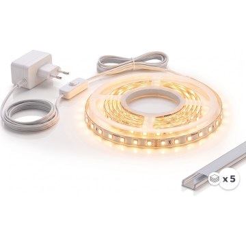 Set 1x bandă LED MYLIVING LIGHTSTRIP LED/22W/230V, 5 m + 5x profil încastrat de 1 m, argintiu/alb
