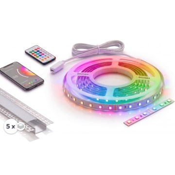 Set 1x bandă LED RGBW dimabilă NEO LITE MUSIC LED/24W/230V, 5 m, IP65, Wi‑Fi Tuya + 5x profil încastrat 1 m, argintiu/alb + telecomandă