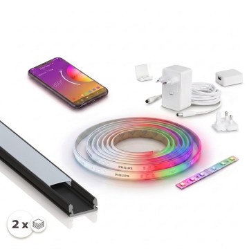 Set 1x bandă LED RGBW dimabilă Philips Hue WHITE AND COLOR AMBIANCE LED/20W/230V 2 m + 2x profil încastrat de 1 m negru/alb