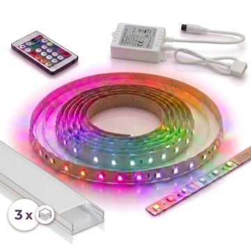 SET 1x bandă LED RGBW reglabilă DIGITAL LED/9,6 W/230 V, 3 m + 3 x profil încastrat de 1 m, argintiu/alb + telecomandă