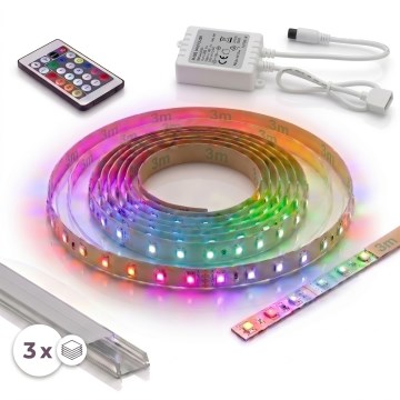 SET 1x bandă LED RGBW reglabilă DIGITAL LED/9,6W/230V 3 m + 3x profil încastrat 1 m argintiu/alb + telecomandă