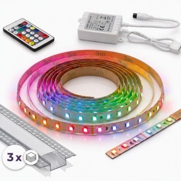 SET 1x bandă LED RGBW reglabilă DIGITAL LED/9,6W/230V 3 m + 3x profil încastrat 1 m argintiu/alb + telecomandă