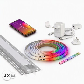 Set 1x bandă LED RGBW reglabilă Philips Hue WHITE AND COLOR AMBIANCE LED/20W/230V 2 m + 2x profil de încastrat 1 m argintiu/alb