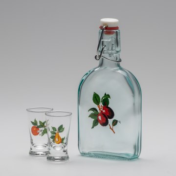 Set 1x sticlă și 2x pahar pentru tărie, transparent cu motiv de cireașă