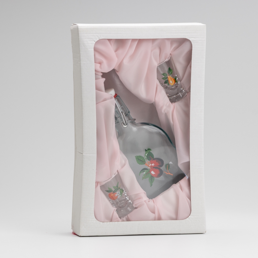 Set 1x sticlă și 2x pahar pentru tărie, transparent cu motiv de cireașă