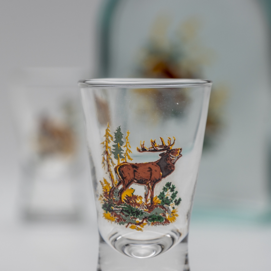 Set 1x sticlă și 2x pahar pentru tărie, transparent cu motiv de iepure de câmp
