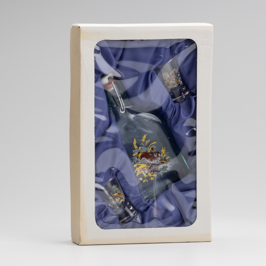 Set 1x sticlă și 2x pahar pentru tărie, transparent cu motiv de iepure de câmp