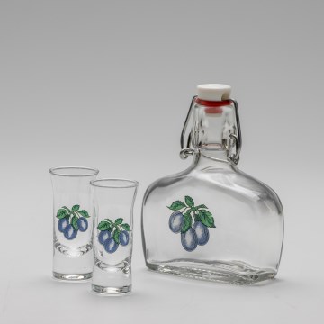 Set 1x sticlă și 2x pahar pentru tărie, transparent cu motiv de prună