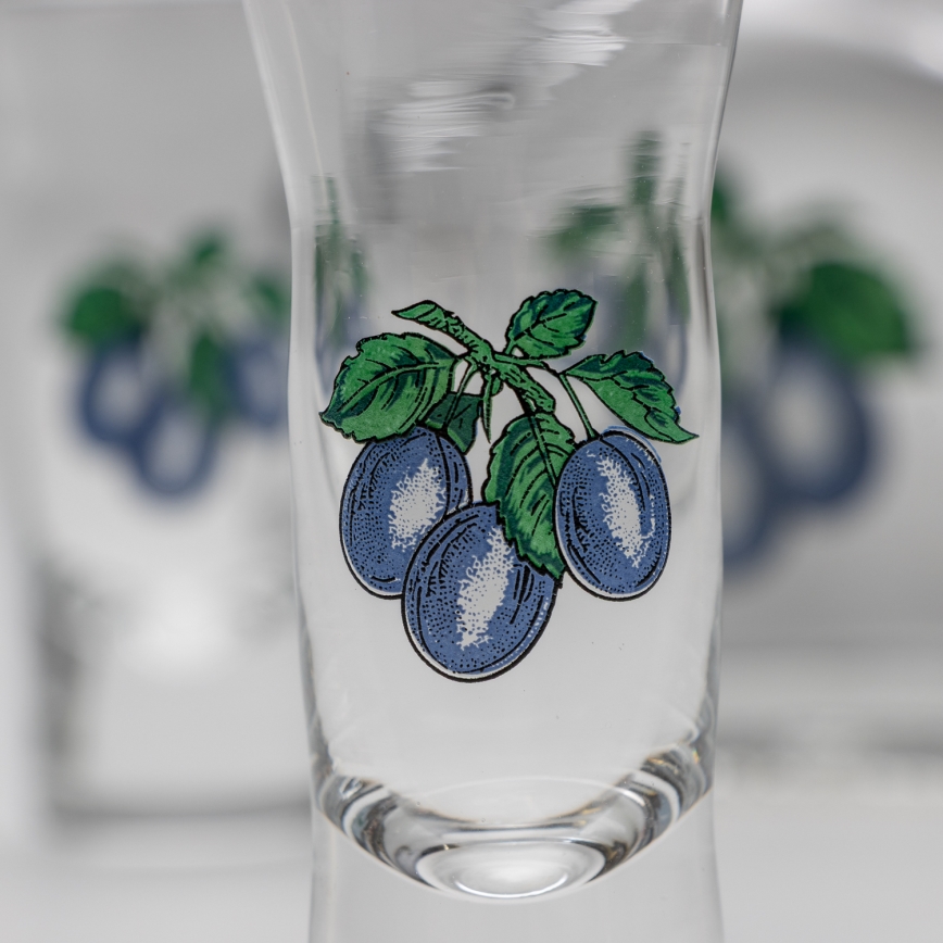 Set 1x sticlă și 2x pahar pentru tărie, transparent cu motiv de prună